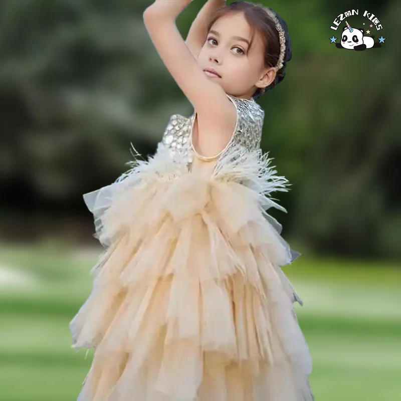LEZONKIDS - 2024 New Fashion Summer Sleeveless Princess Cake Dress for Children Soft Feather Tutu Dress for 6 Year Olds